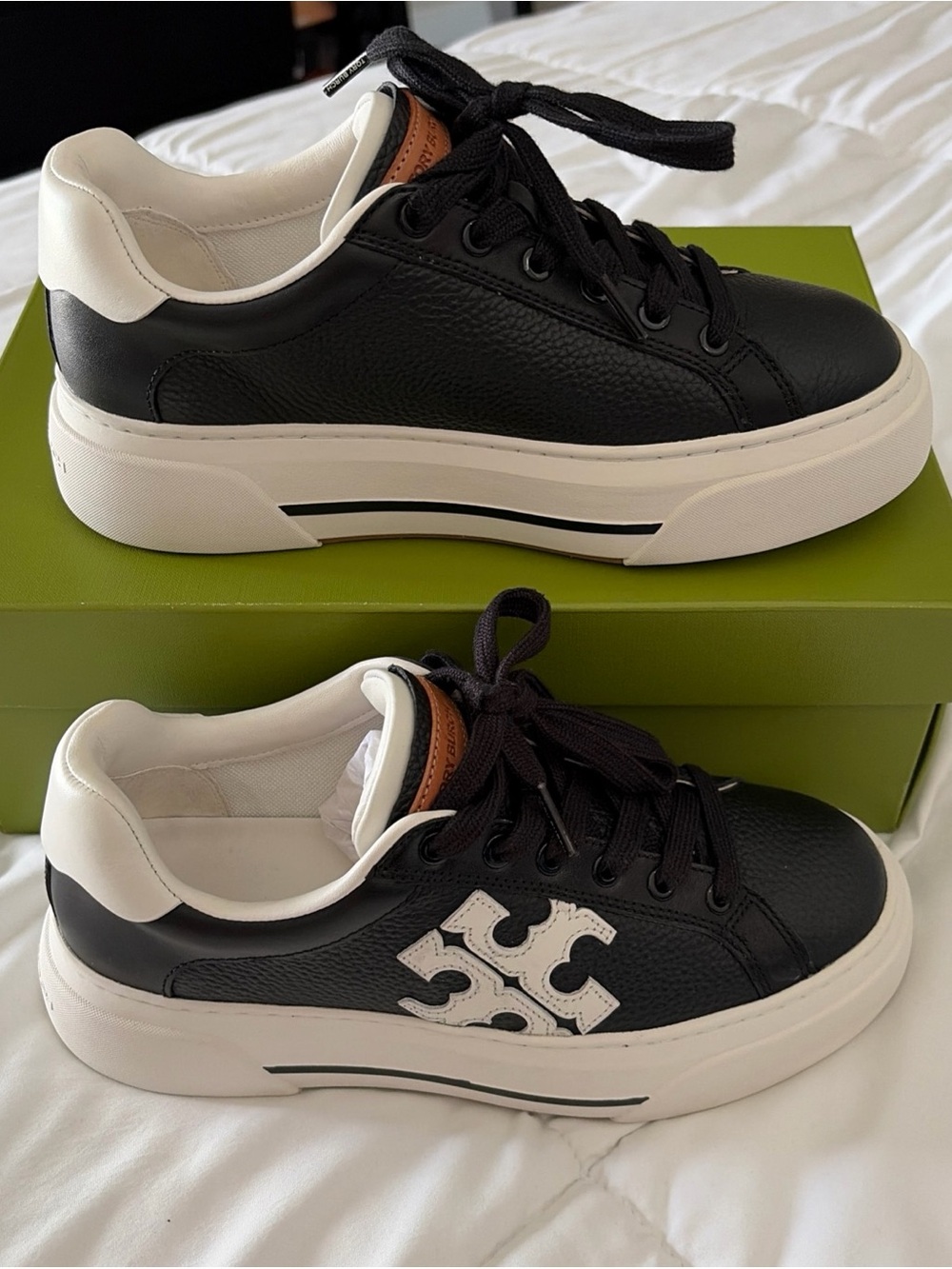 Tory Burch Black and White Leather Platform Sneakers with Logo